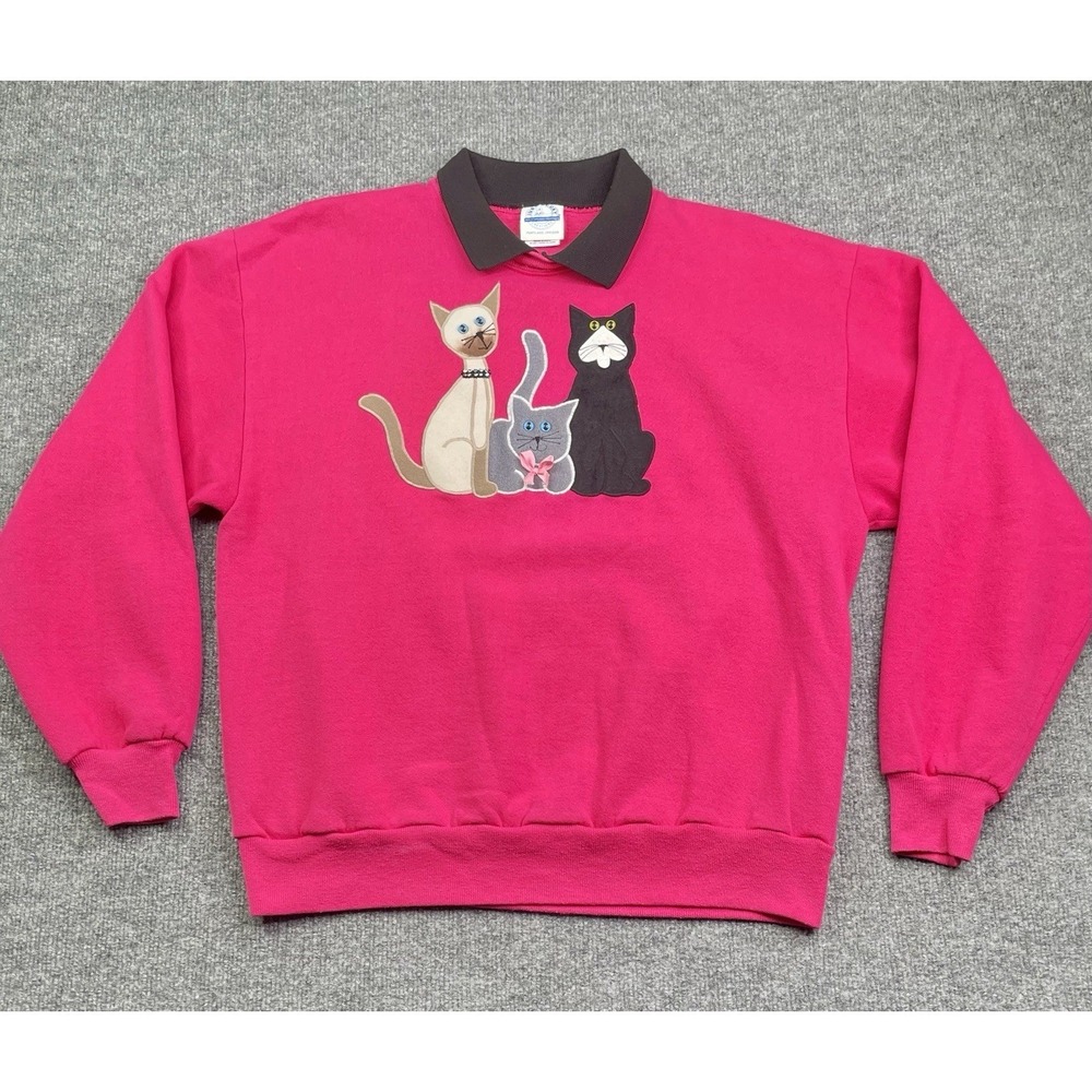Vintage 90's Jerzees Sweatshirt Women's L Cats Pullover Pink Collared - Picture 2 of 9